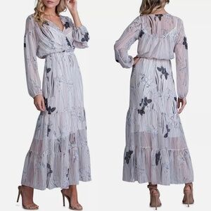 A La Plage Striped Floral-Print Long-Sleeve Tiered Maxi Dress